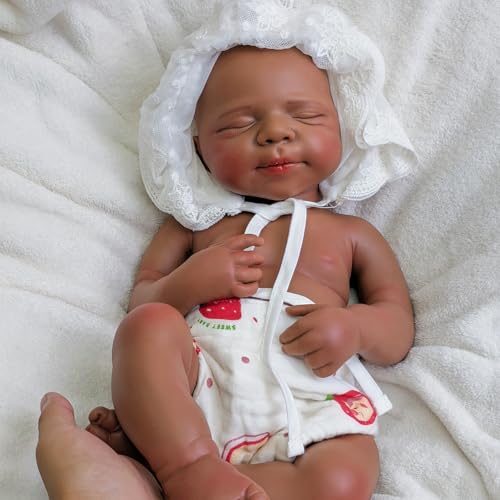 URMLHNRZ 18 Zoll realistische Reborn-Babypuppe aus Silikon – lebensechtes Neugeborenen-Ganzkörper-Silikon, Schwarze Haut, verschlafenes Gesicht, Kinder (Mädchen – dunkel) von URMLHNRZ