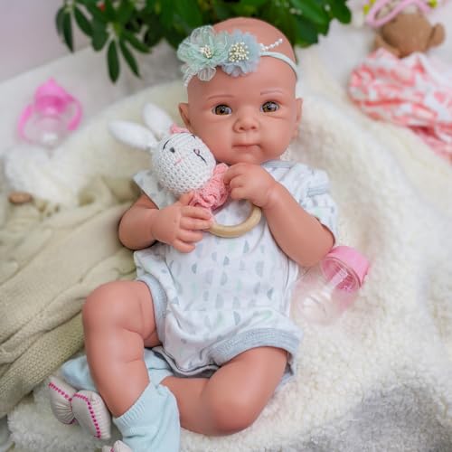 URMLHNRZ 19-Zoll-Reborn-Babypuppe aus Silikon für Mädchen – realistische Ganzkörper-Babypuppe aus Silikon, echtes Neugeborenes, weiches, anatomisch korrektes Sammlergeschenk(Rötlich-braun) von URMLHNRZ