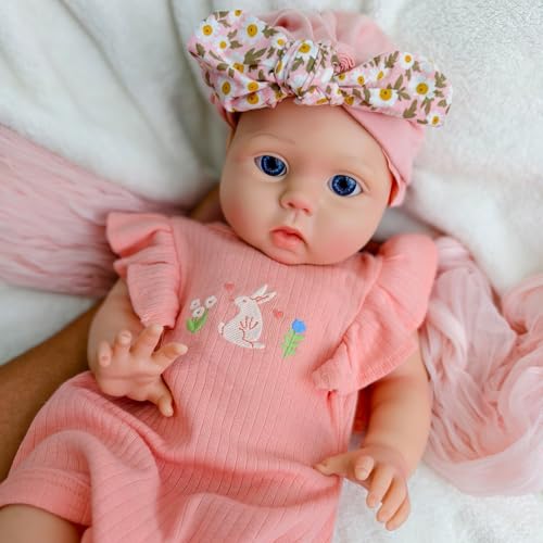 URMLHNRZ Lebensechte Reborn-Babypuppe, 18 Zoll, gewichtete Ganzkörper-Silikonpuppe, entzückendes anatomisch korrektes Neugeborenes, realistisches, weiches Mädchen mit großen blauen Augen von URMLHNRZ
