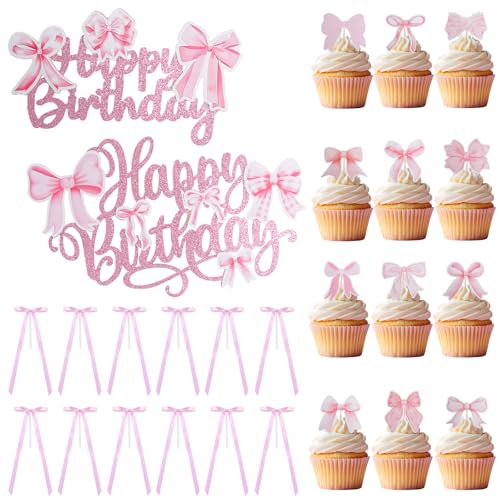 URROMA 38-teiliges Tortenaufsätze, rosa Schleife, dekoratives Set, Happy Birthday-Kuchenaufsatz, glitzernde Kuchenspieße für Geburtstagsparty, Schleifendekoration von URROMA