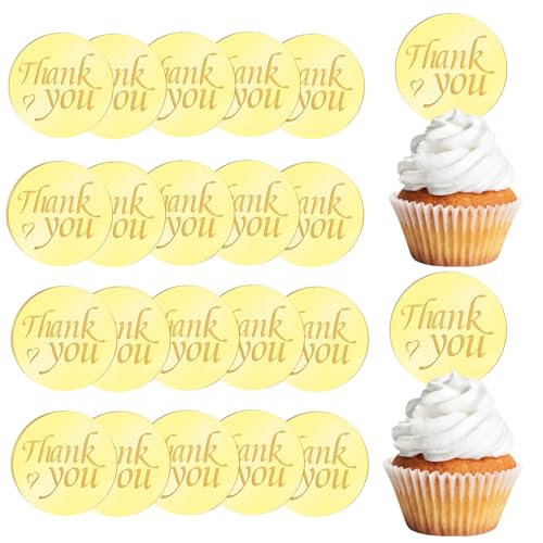 URROMA Cupcake-Aufsätze, Motiv: Goldener Spiegel, mit Aufschrift "Thank You", Acryl, rund, mit Gravur, personalisierbar, 20 Stück von URROMA