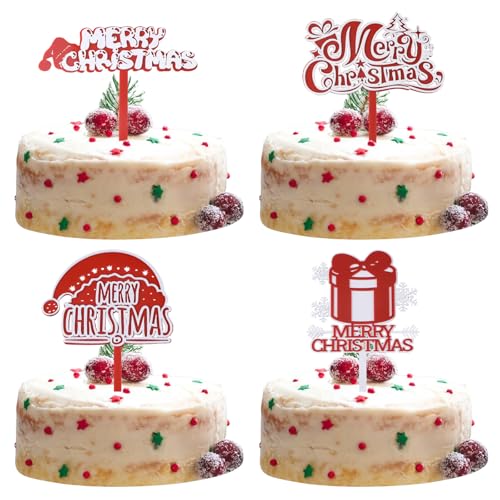 URROMA Cupcake-Aufsätze mit Aufschrift "Merry Christmas", 4 Stück, rote Buchstaben, Acryl, Weihnachtsmütze, Geschenk, Kuchenspieße für Party, DIY-Dekor-Zubehör URROMA Cupcake-Aufsätze mit Aufschrift "Merry Christmas", 4 Stück, rote Buchstaben, Acryl, Weihnachtsmütze, Geschenk, Kuchenspieße für Party, DIY-Dekor-Zubehör von URROMA