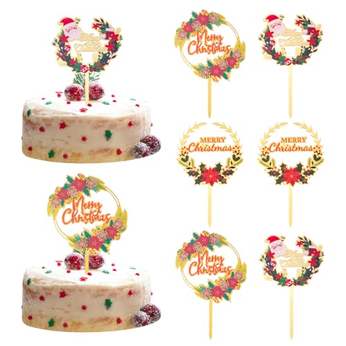 URROMA Cupcake-Aufsätze mit Aufschrift "Merry Christmas", 6 Stück, farbig bedruckte Blumen, Acryl, Weihnachtsmütze, Geschenk, Kuchenspieße für Party, DIY-Dekor-Zubehör von URROMA