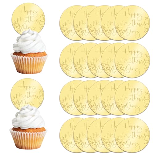 URROMA Cupcake-Aufsätze zum Muttertag, 20 Stück, goldener Spiegel, Happy Mother's Day, reflektierende Acryl-Kuchenspieße, Kuchenanhänger für Party-Dekoration von URROMA