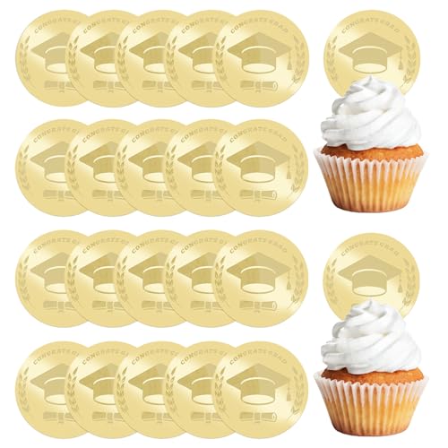 URROMA Cupcake-Topper zum Schulabschluss, rund, goldfarben, für Abschlussfeier, Party, Acryl, Cupcake-Picks, Vorspeisen, 20 Stück von URROMA