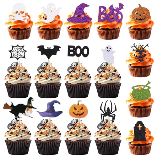 URROMA Halloween-Cupcake-Aufsätze, Kürbis-Hexenhut, Glitzer, Happy Halloween, Cupcake-Picks, Happy Boo Day, Zahnstocher, Party-Kuchendekoration, 88 Stück von URROMA