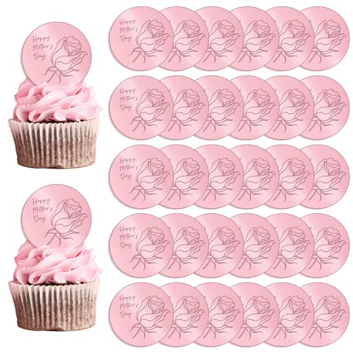 URROMA Rose Golden Round Mother's Day Acrylic Cake Topper, 30 Pcs Happy Mother's Day Cupcake Topper Rose Cake Decoration for Party Bakery DIY Craft von URROMA