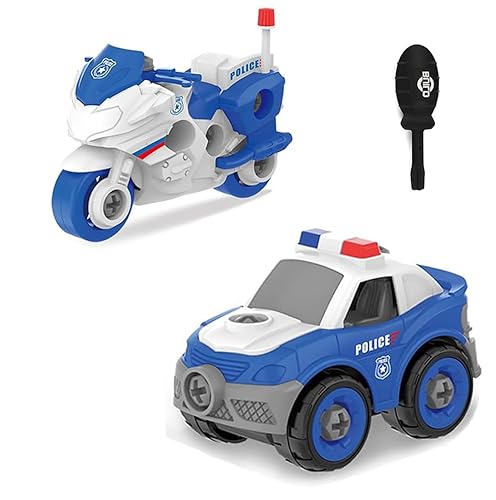 URacon Polizeiauto Montage Spielzeug 2 Stück DIY Montage Spielzeug mit Schraubendreher Polizeiautospielzeug Streifenwagenspielzeug Motorradspielzeug Lernspielzeug für Jungen ab 3 4 5 Jahre von URacon
