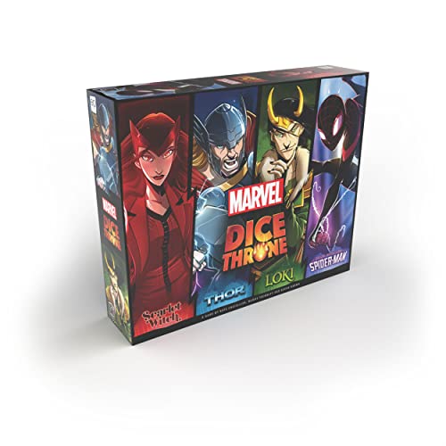 USAopoly The OP Marvel Dice Throne: 4-Hero Box (Spiderman vs Scarlet Witch; Loki vs. Thor) - Englisches Würfelspiel - Ab 8 Jahren - Für 2 bis 6 Spieler- Englische Ausgabe von USAopoly