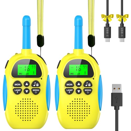 Ushining Walkie Talkie für Kinder, Walkie Talkie Wiederaufladbarer mit 16 Kanäle Funkgerät VOX Hintergrundbeleuchteter LCD Taschenlampe, 3 KM Reichweite für Abenteuer im Freien, Camping, Wandern, Gelb von USHINING