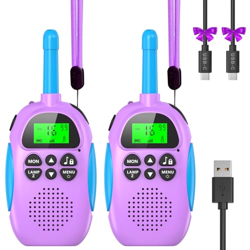 Ushining Walkie Talkie für Kinder, Walkie Talkie Wiederaufladbarer mit 16 Kanäle Funkgerät VOX Hintergrundbeleuchteter LCD Taschenlampe, 3 KM Reichweite für Abenteuer im Freien, Camping, Wandern, Lila von USHINING