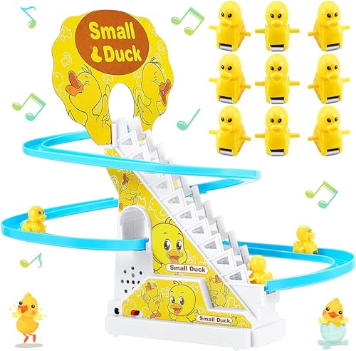 USMEI Musik Ente Treppensteigen Spielzeug, Rennwagen Bahn Spielzeug Set, Kinder Lernspielzeug mit Fashing LED-Leuchten, Geschenk für Mädchen und Jungen von USMEI