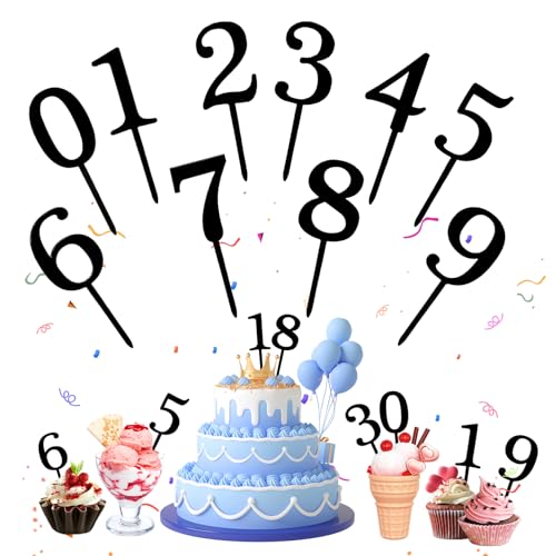 10 pcs Cake Topper Zahlen Acryl 0-9 Geburtstag Tortendeko Kuchenstecker Cupcake, Geeignet für Geburtstagsfeiern, Hochzeitstag, Wiederverwendbar（schwarz） von UTEFIF