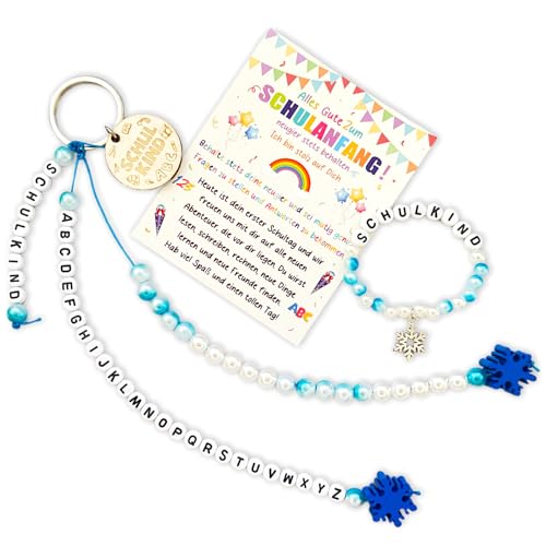 UTEFIF 2 Stück Schulkind Geschenk, Rechenkette Schultüte Endlich Schulkind Geschenk zur Einschulung, mit Grußkarte, Armband zur Einschulung (blau) von UTEFIF