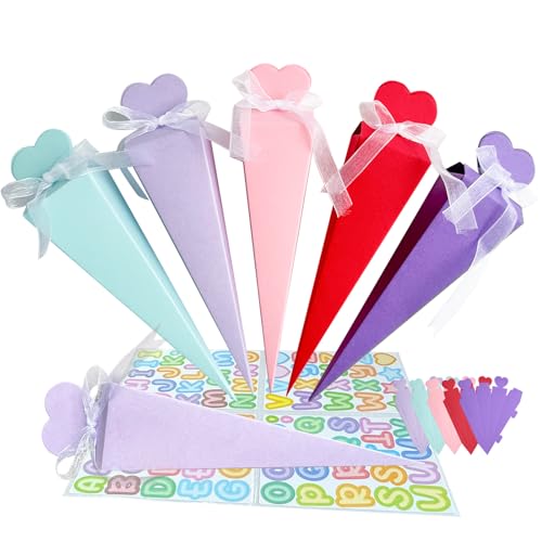 UTEFIF 20stk Schultüte Geschwistertüten Einschulung Schulanfang Geschwisterschultüte Kleine Schultüte Jungen Mädchen Zuckertüte zum Befüllen Geschenkboxen DIY Faltbare Schultüte, mit Aufklebern Band von UTEFIF