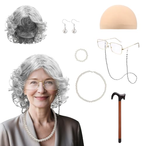 UTOCLEC Oma Kostüm Set, 9 Stück Großmutter Cosplay Zubehör Set mit Graues Oma-Perücke, Brille, Perlenschmuck und Gehstock, Alte Damen Cosplay Set Kostümzubehör für Halloween, Maskerade, Karneval von UTOCLEC