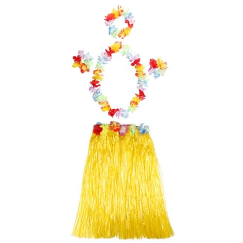 UTTASU Karnevals-Zubehör, Hawaii-Thema, 5-teiliges Hula-Kostüm-Set, inklusive Grasrock, Blumengirlande, BH, Aloha-Set, perfekt für hawaiianische Strandpartys (gelb) von UTTASU