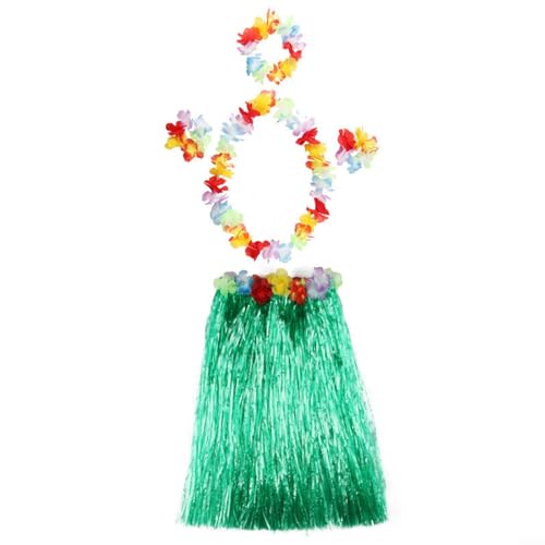 UTTASU Karnevals-Zubehör, Hawaii-Thema, 5-teiliges Hula-Kostüm-Set, inklusive Grasrock, Blumengirlande, BH, Aloha-Set, perfekt für hawaiianische Strandpartys (grün) von UTTASU