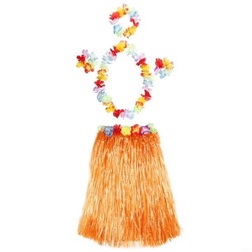 UTTASU Karnevals-Zubehör, hawaiianisches Thema, 5-teiliges Hula-Kostüm-Set, inklusive Grasrock, Blumengirlande, BH, Aloha-Set, perfekt für hawaiianische Strandpartys (Orange) von UTTASU