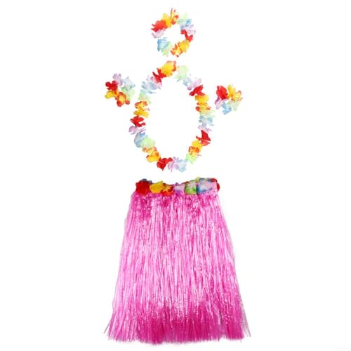 UTTASU Karnevals-Zubehör, hawaiianisches Thema, 5-teiliges Hula-Kostüm-Set, inklusive Grasrock, Blumengirlande, BH, Aloha-Set, perfekt für hawaiianische Strandpartys (Rosa) von UTTASU