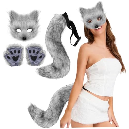 UWEOTYYY Fox Kostüm Halloween Therian Maske, Schwanz und pelzige Pfoten Plüsch Maske Flauschige Pfotenhandschuhe und Schwänze Cosplay Kostüme für Frauen Halloween Dress up Party Dunkelgrau von UWEOTYYY