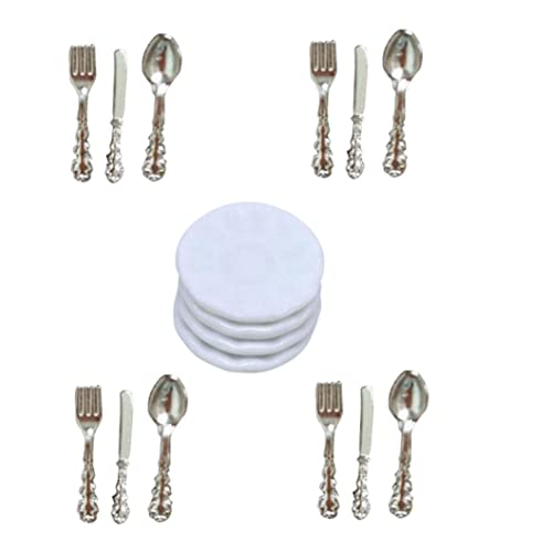 UWEOTYYY Miniatur -Besteck, Miniaturplatten Set Dollhouse Mini Porzellanplatte mit Slicer -Gabeln Löffel Puppenhauszubehör Silber, Teller für von UWEOTYYY