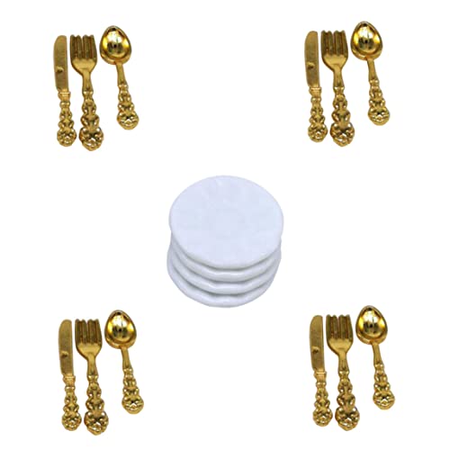 UWEOTYYY Miniaturbesteck, Miniaturplatten Set Dollhouse Mini Porzellanplatte mit Slicer Forks Spoons Dollhouse Accessoires Gold, Teller für von UWEOTYYY