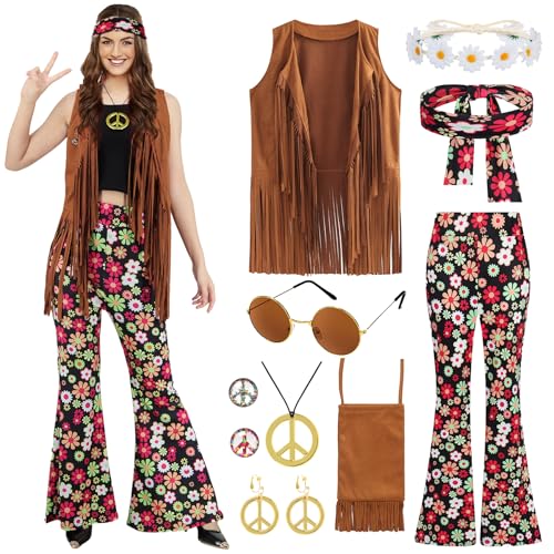 Hippie Kostüm Damen 60er 70er Jahre Bekleidung Damen Set mit Hippie Accessoires für Faschings Karneval Cosplay Party Outfits mit Schlaghose Fransenweste Brille Damen Zeitreise Disco Kostüm UX010L Hippie Kostüm Damen 60er 70er Jahre Bekleidung Damen Set mit Hippie Accessoires für Faschings Karneval Cosplay Party Outfits mit Schlaghose Fransenweste Brille Damen Zeitreise Disco Kostüm UX010L von UWXOZO