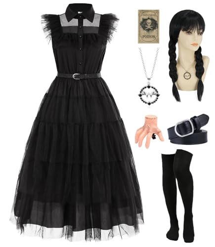 Mittwoch Kostüm Kleid Damen Schwarzes Gotisch Kostüm Erwachsener Mittwoch Familie Cosplay Kleider mit Aufkleber Perücke Socken Perückenkappe Karnevals Kostüme Outfit für Fasching Halloween UX003XL Mittwoch Kostüm Kleid Damen Schwarzes Gotisch Kostüm Erwachsener Mittwoch Familie Cosplay Kleider mit Aufkleber Perücke Socken Perückenkappe Karnevals Kostüme Outfit für Fasching Halloween UX003XL von UWXOZO