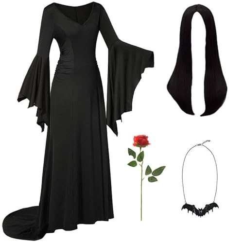 UWXOZO Addams Kostüm Damen Halloween Kostüm für Erwachsene Hexe Gothic Vintage Kleid Perücke Schwarz for Addams Family Fledermaus und Perücke Kappen Halskette Rote Rosen UX002XXL UWXOZO Addams Kostüm Damen Halloween Kostüm für Erwachsene Hexe Gothic Vintage Kleid Perücke Schwarz for Addams Family Fledermaus und Perücke Kappen Halskette Rote Rosen UX002XXL von UWXOZO