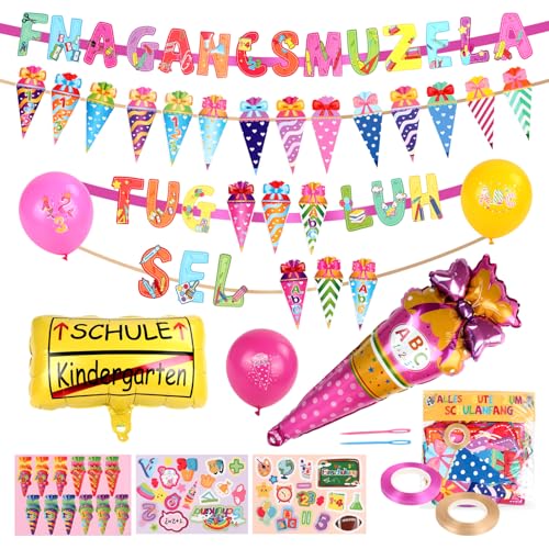 Einschulung Schulanfang Schuleinführung Deko, Alles Gute zum Schulanfang Girlande, Zuckertüte Banner und Folienballon, Schulkind Luftballons mit 3 Blätter Aufkleber von UYOTBKEUB