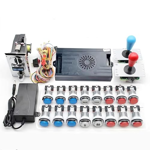 9800 in 1 Pandora Saga DX Kit Kopie SANWA Joystick, Chrom-LED-Druckknopf-Münzakzeptor, DIY-Arcade-Maschinenschrank mit Tutorial (Rot und Blau) von UYXOERA
