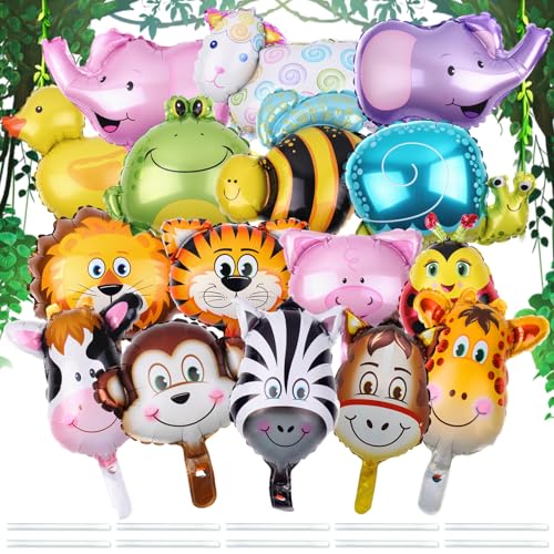 UZSUZZ 16 Stück Folienballon Tiere, Tierkopf Folienballons, Luftballons Tiere, Waldtiere Ballons Geburtstag Deko, Für Tierische Mottopartys Perfekt Für Dschungelparty Dekoration Kindergeburtstage von UZSUZZ