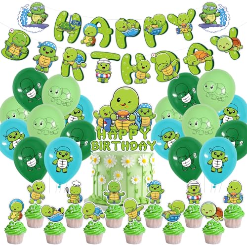 32pcs Schildkröte Birthday Party Decorations Luftballons Schildkröte Kindergeburtstag Deko Kleine Schildkröte Geburtstag Party Deko Cartoon Themenparty Dekorationen Banner Ballons für Jungen Mädchen von UZSXHJ