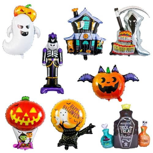 8pcs Halloween Deko Luftballons Folienballon Halloween Wiederverwendbare Mylar-Luftballons Halloween Geist Tod Geisterhaus Magie Fledermaus Kürbis Geist Skelett Party Ballon für Dekorationen Zubehör von UZSXHJ