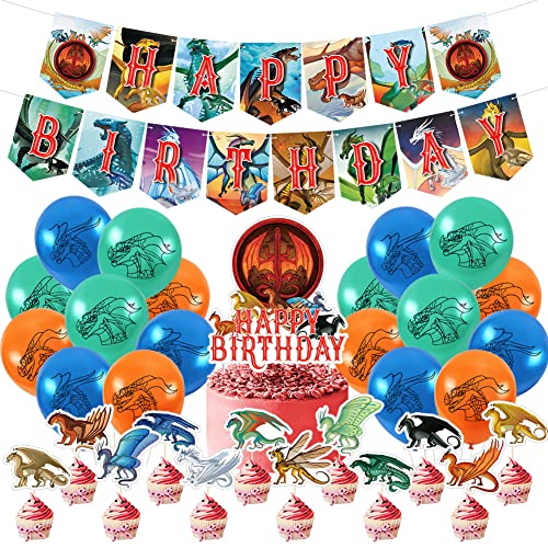 Drachen Geburtstags Party Deko,Birthday Party Dekorations für Kinder Ballon Geburtstags Deko,Banner Zubehör,Cake Topper Birthday Dekoration Zubehör Set for Boy, Girl, Child (32pcs) von UZSXHJ