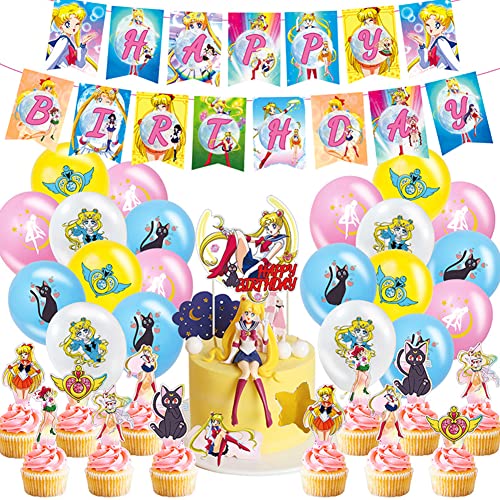Geburtstagsparty-Dekoration, Geburtstagsparty-Zubehör-Set, Sailor Luftballons, Kuchendekoration, alles Gute zum Geburtstag, Banner, Kuchendekoration, Luftballons für Kinder, 37 Stück von UZSXHJ