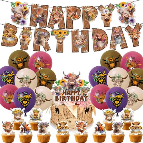 Hochland Kuh Geburtstag Dekorationen 31 Pcs Highland Cow Geburtstag Party Zubehör Inklusive Happy Birthday Banner Kuchen Topper Cupcake Topper Luftballons Und Schleife String von UZSXHJ