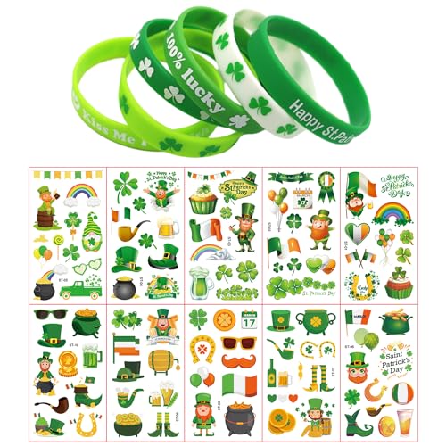 UZSXHJ Patricks Day Armbänder Irische Armbänder Set 16 Pcs Inklusive Irisches Silikonarmband Und Kleeblattsticker Personalisierte Silikon Armbänder Kostüm Zubehör für Kinder Erwachsene(Grün) von UZSXHJ