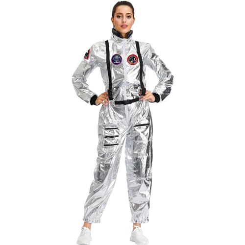 Astronaut Kostüm Damen Herren | Weltall Raumfahrer Outfit Glänzend Karneval Kostüm Overall Metallic Langarm Jumpsuit Spaceman Cosplay Kostüm Set, für Cosplay Partys und Karneval, Silver (Damen, M) von Uaben