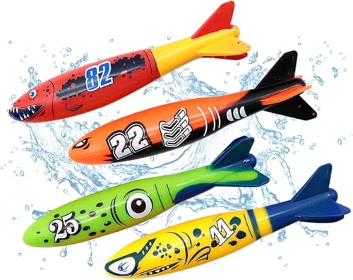 Uadme Tauchspielzeug für Kinder, 4 Stück Unterwasser Torpedo Banditen, Pool Spielzeuge für Kinder Jungen Mädchen Geschenk Sommer Schwimmen Tauchen, Buntes Schwimmspielzeug von Uadme