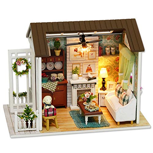 Uadme DIY-Puppenhaus-Bausatz, Holz-DIY-Miniaturhaus-Bausatz, Handgefertigte Hütte, Kindergeschenke Mit LED-Leuchten, Möbel Für Heimdekoration (21 X 12,5 X 14,5 cm) von Uadme