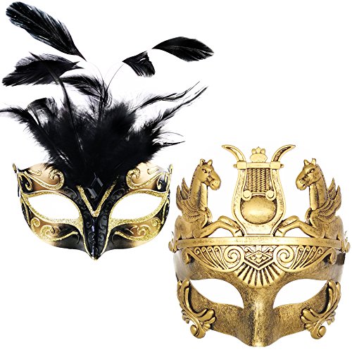 Ubauta Goldfeder-Frauen-Maske & griechische Krieger-Männer-Maske venezianische Maskerade-Paar-Masken, für Karneval/Party/Ball Prom von Ubauta