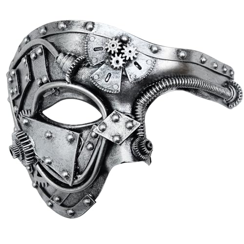 Ubauta Steampunk Metal Cyborg Venezianische Maske,Silber Maskerade Maske für Halloween Kostümparty/Phantom der Oper/Karneval Ball von Ubauta