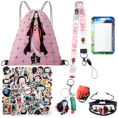 Ubephant Nezuko Fanartikel, Nezuko Geschenke, Aufkleber, Turnbeutel, Lanyard mit Kartenhalter, Schlüsselanhänger, Armbänder 5Pcs Nezuko Anzug für Kinder und Fans von Ubephant