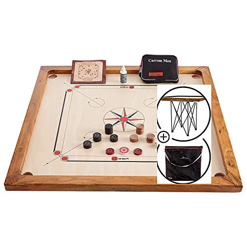 Carrom Board Set offizielle Größe 7 kg - 74cm x 74cm (offizielle Größe) interner Spielbereich - Hartholz Qualität - Komplettes Set mit Offiziellen Scheiben und Pulver (mit Tisch und Tasche) von Ubergames