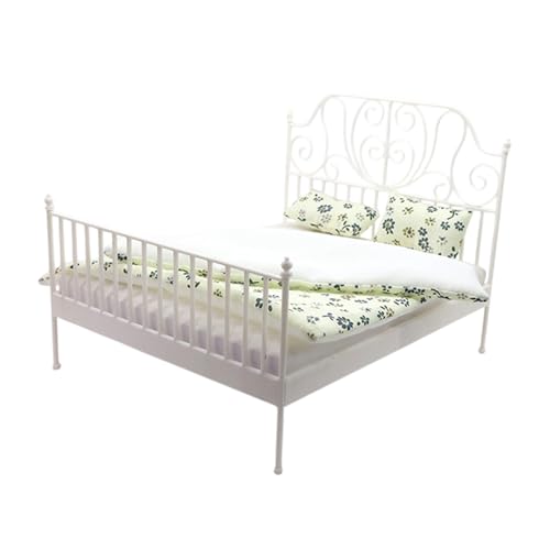 1/12 Miniatur-Doppelbett mit Matratze und Tagesdecke, Puppenhaus-Ornament, Eisenkunst, Schlafzimmer-Spielzeug von Uclac