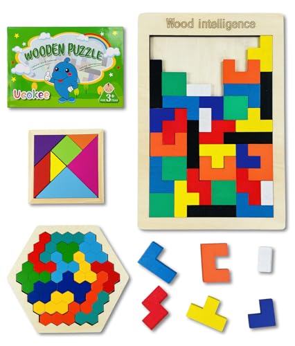 Ucokee 3 in 1 Holzpuzzle Set - Montessori Spielzeug ab 3 4 5 Kinder Jahren, Lehrreich Bausteine Spiel, Hexagon Holz, Puzzle Jigsaw - Geschenk für Junge und Mädchen ab 3 4 5 6 7 8 Jahren von Ucokee