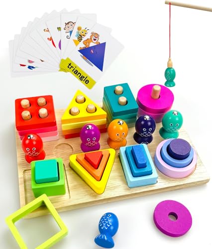 Ucokee Montessori Spielzeug ab 1 2 3 Jahr, 4 in 1 Holzspielzeug mit Sortier & Stapelspielzeug, Formpassende Blöcke, Magnetisches Angelspiel und 12 Kognitive Karten - Baby Kinderspielzeug 2 3 4 Jahr von Ucokee