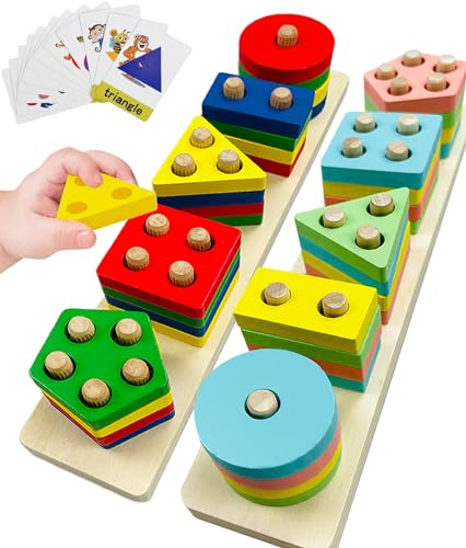 Ucokee Montessori Spielzeug ab 1 2 3 Jahr, 2 pcs Holz Sortier & Stapelspielzeug, 12 kognitive Karten - Aktivitäts Entwicklungs Spielzeug, Baby Kinderspielzeug Geschenk 1 2 3 4 Jahr von Ucokee